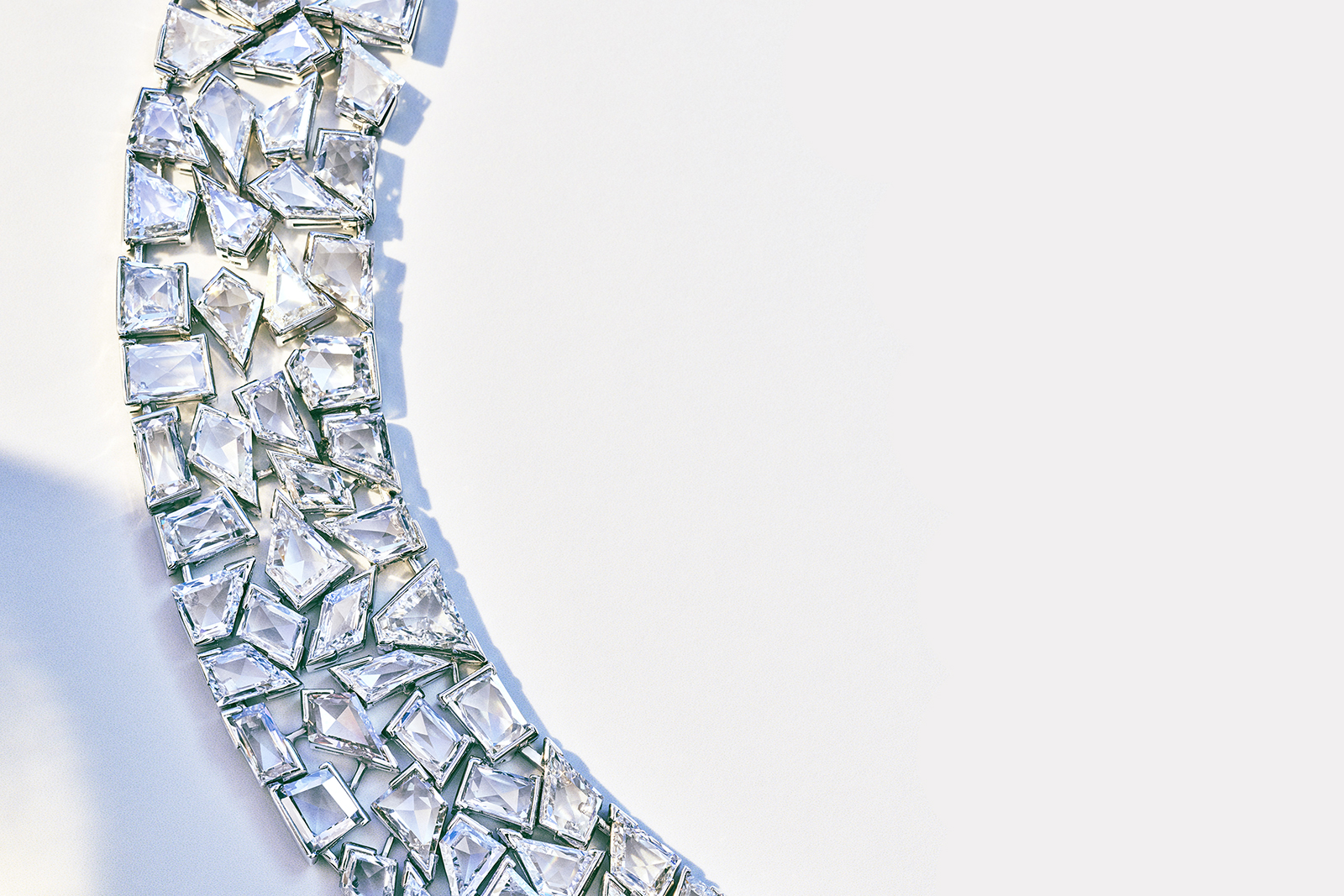 Details from a Tiffany & Co. Blue Book 2018 collection necklace in platinum with uniquely cut diamonds, over 92 total carats