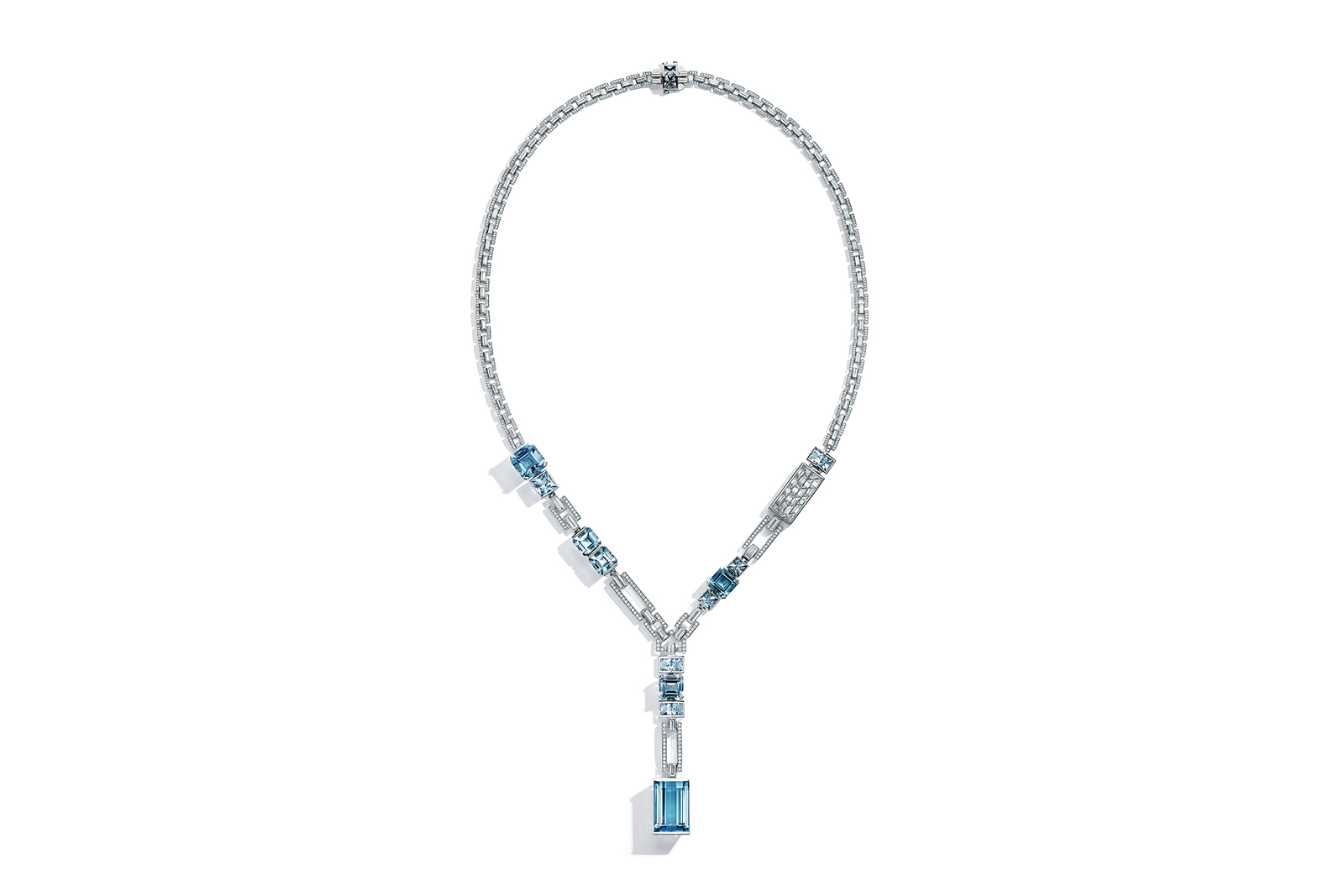  Tiffany & Co. Blue Book 2018 collection necklace in platinum with mixed-cut aquamarines, over 61 total carats, and mixed-cut diamonds, over 15 total carats