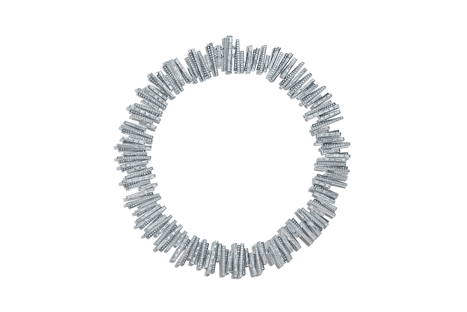  Tiffany & Co. Blue Book 2018 collection necklace in platinum with baguette and round brilliant white, rare fancy blue grey and grey diamonds, over 63 total carats