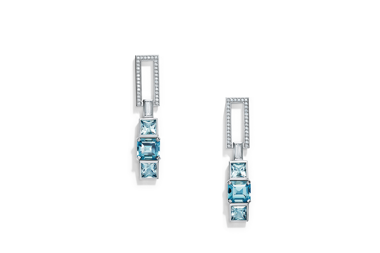  Tiffany & Co. Blue Book 2018 collection earrings in platinum with emerald-cut aquamarines, over 10 total carats, and baguette and round brilliant diamonds