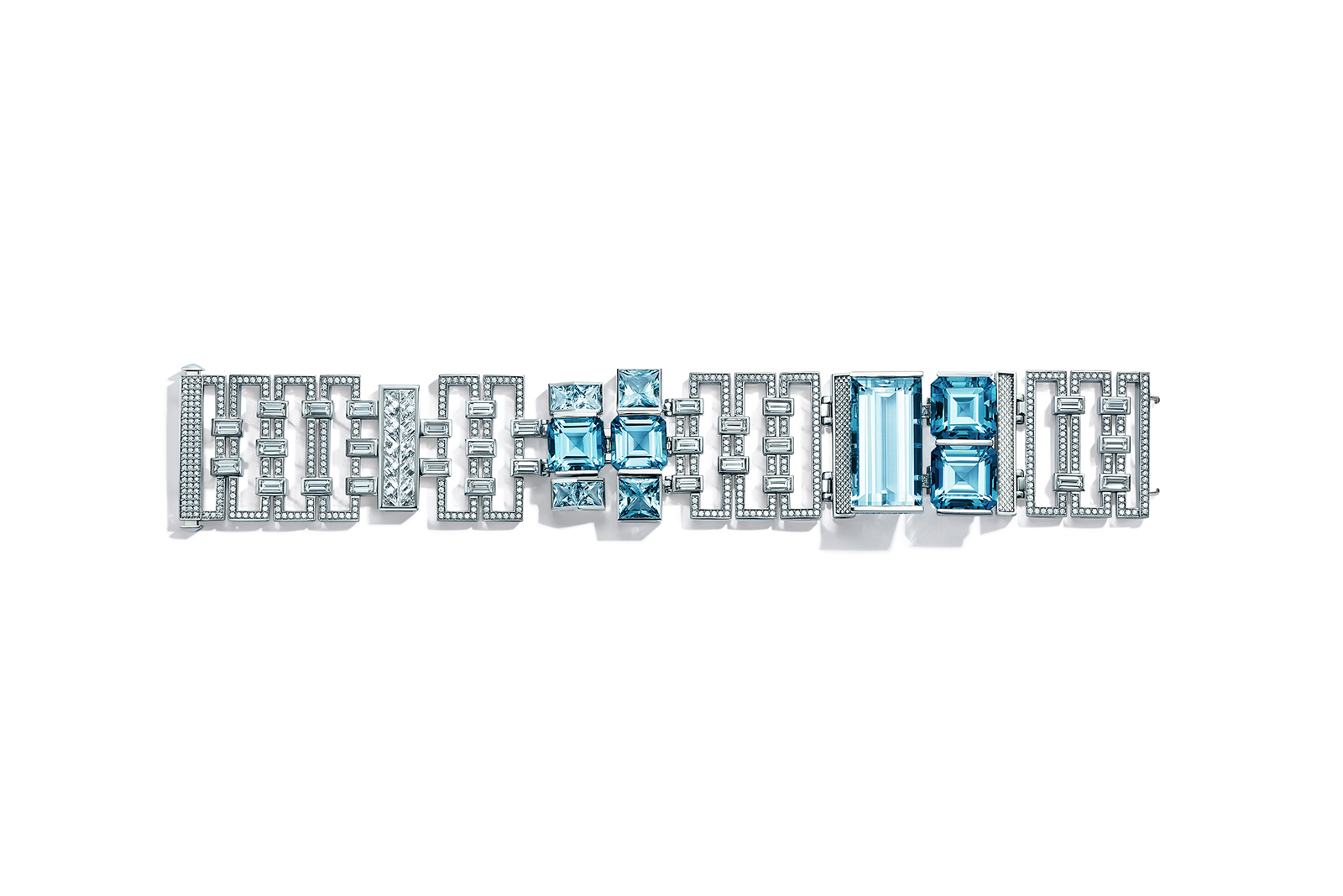  Tiffany & Co. Blue Book 2018 collection bracelet in platinum with mixed-cut aquamarines, over 68 total carats, and mixed-cut diamonds, over 10 total carats