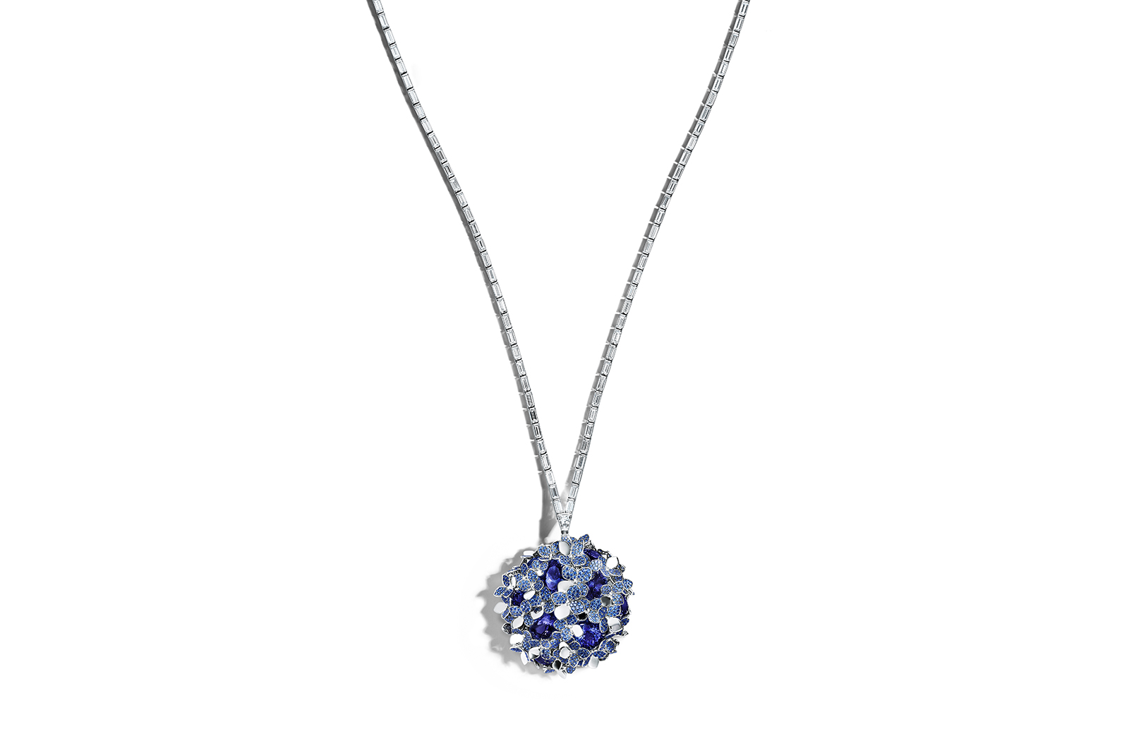  Tiffany & Co. Blue Book 2018 collection pendant in platinum with round and oval tanzanites, over 43 total carats, baguette and custom-cut diamonds, over 33 total carats, and round sapphires, over 18 total carats