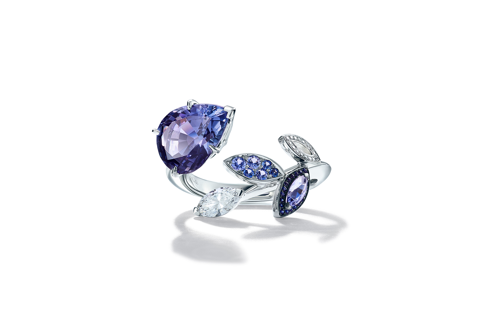  Tiffany & Co. Blue Book 2018 collection ring in platinum with pear-shaped and marquise tanzanites, over four total carats, round sapphires and marquise and round brilliant diamonds
