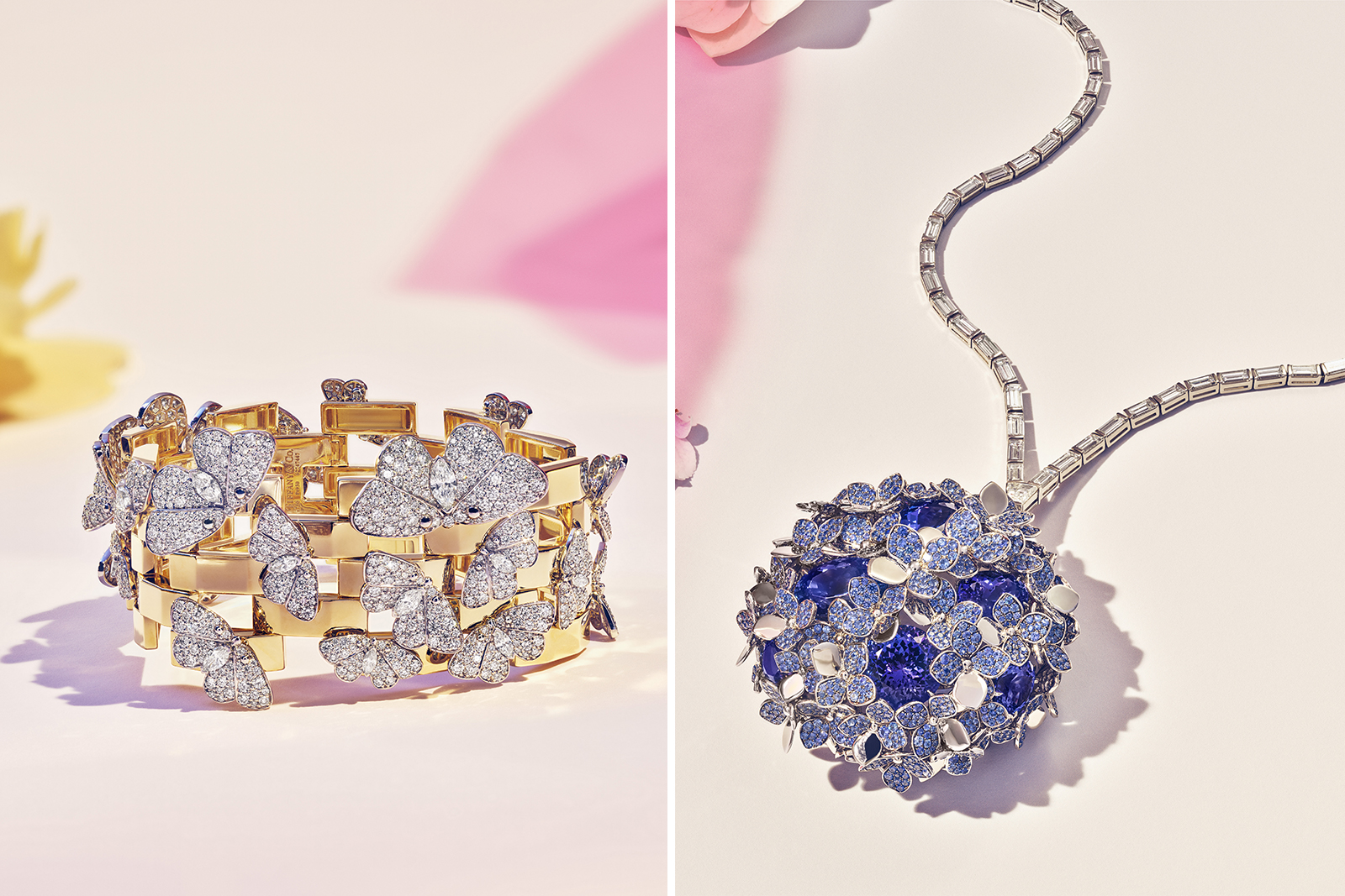 Tiffany & Co. Blue Book 2018 collection bracelet in 18k yellow gold and platinum with mixed-cut diamonds, over eight total carats and pendant in platinum with round and oval tanzanites, over 43 total carats, baguette and custom-cut diamonds, over 33 total carats, and round sapphires, over 18 total carats