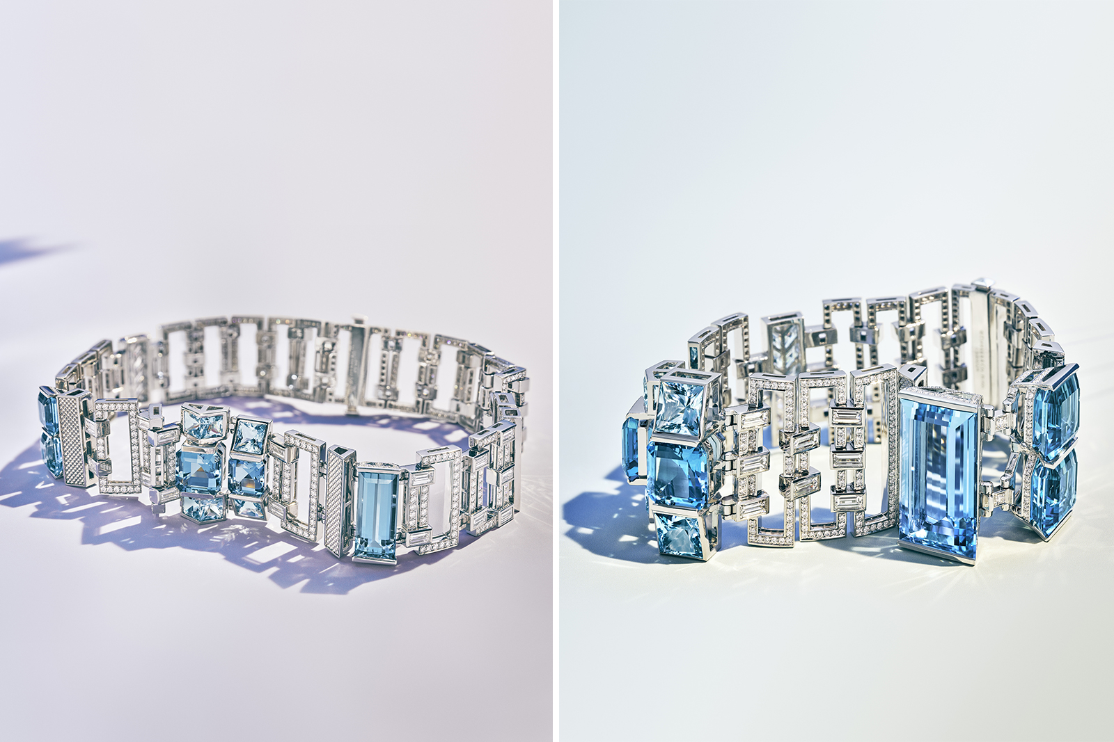 Tiffany & Co. Blue Book 2018 Collection necklace in platinum with mixed-cut aquamarines, over 26 total carats, and mixed-cut diamonds, over 26 total carats and bracelet in platinum with mixed-cut aquamarines, over 68 total carats, and mixed-cut diamonds, over 10 total carats