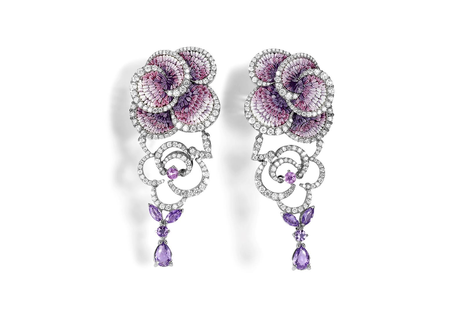  SICIS 'Purple Carpet' earrings with micromosaic, 3.39ct purple sapphires and diamonds in 18k white gold
