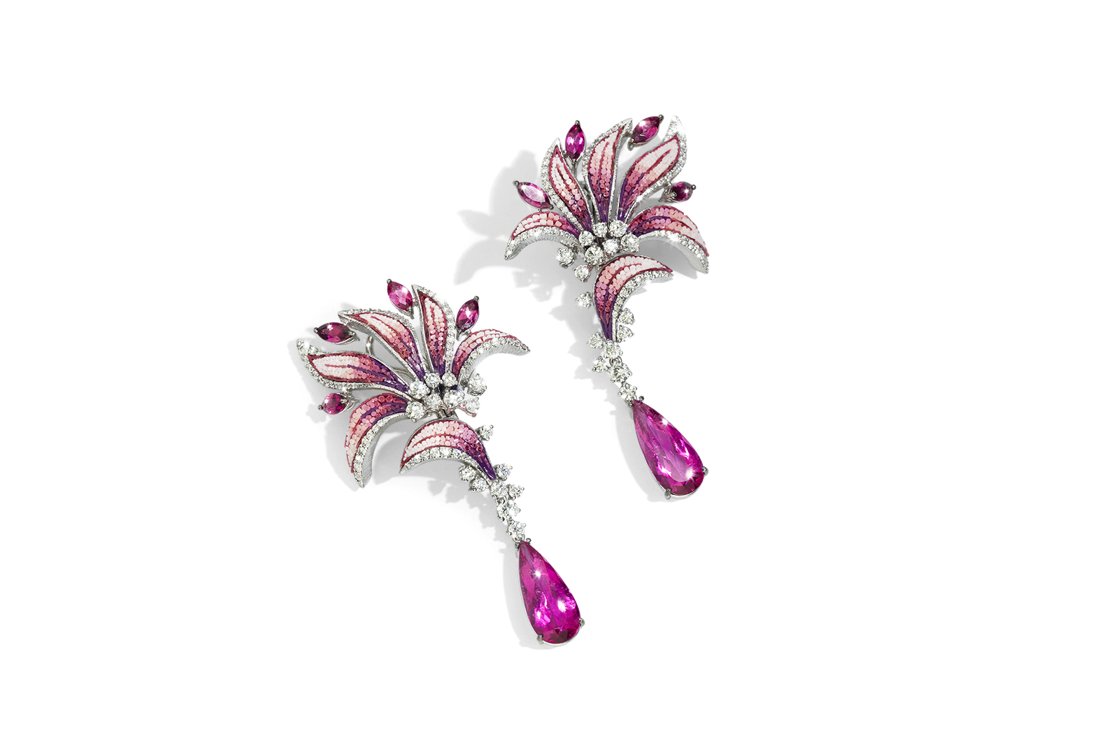  SICIS 'Lily' earrings with micromosaic, rubellite and diamonds in 18k white gold