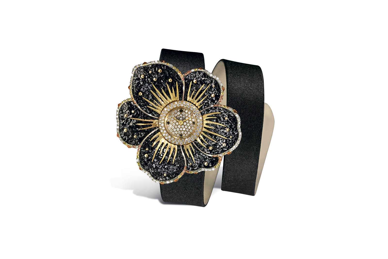 SICIS 'Gardenia' watch with micromosaic, colourless diamonds, black diamonds and yellow sapphires in 18k yellow gold