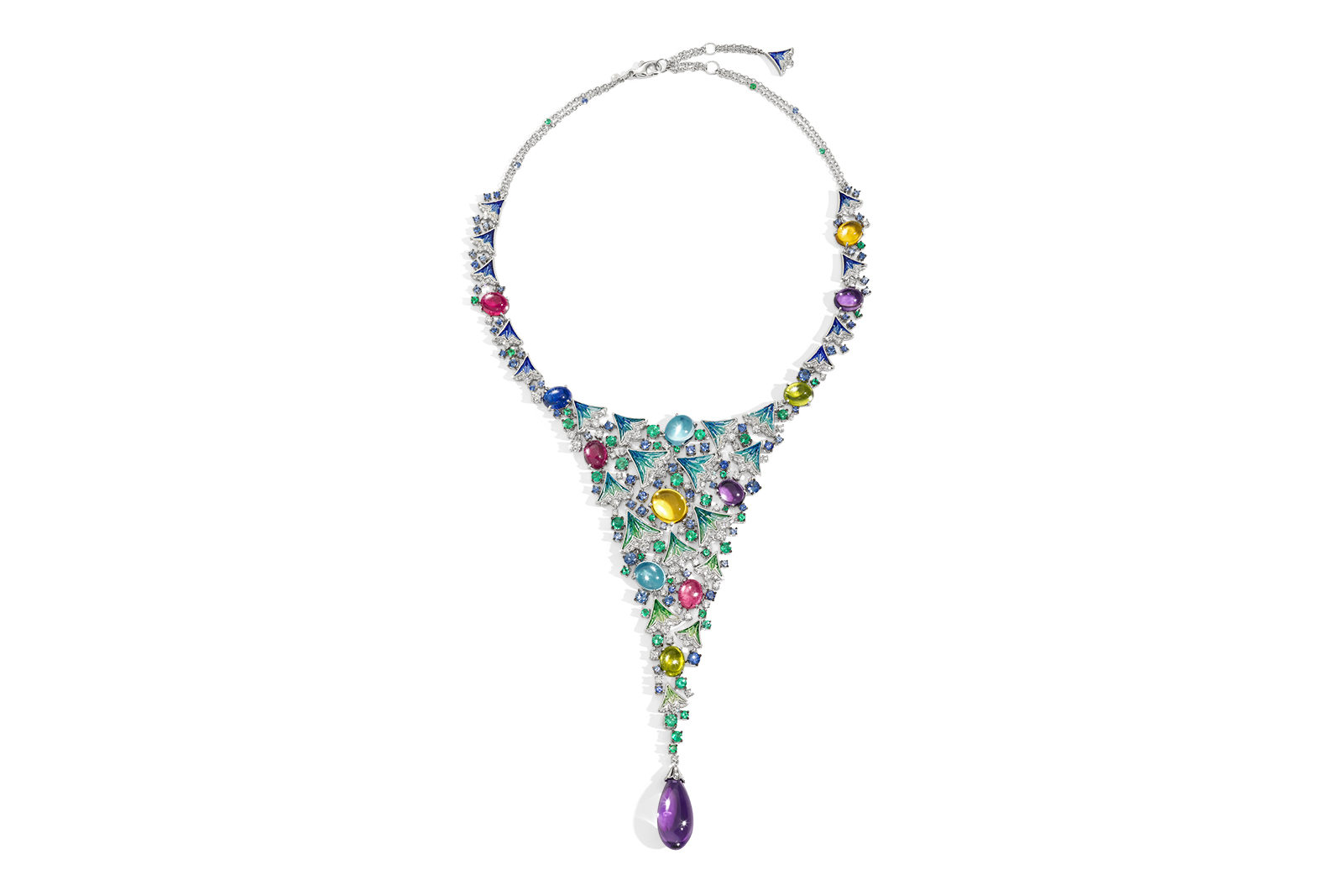  SICIS 'Bluebells Fall' necklace with micromosaic, diamond, sapphire, emerald, citrine, peridot and rubellite in 18k white gold