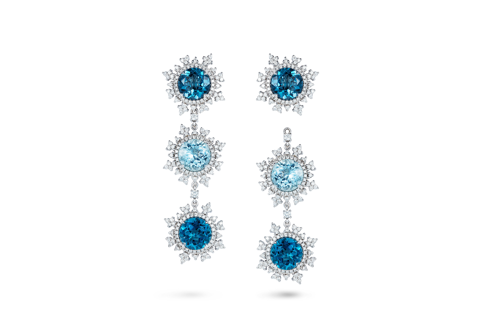  Nadine Aysoy transformable 'Tsarina' earrings with London blue topaz, aquamarine and diamonds in 18k white gold