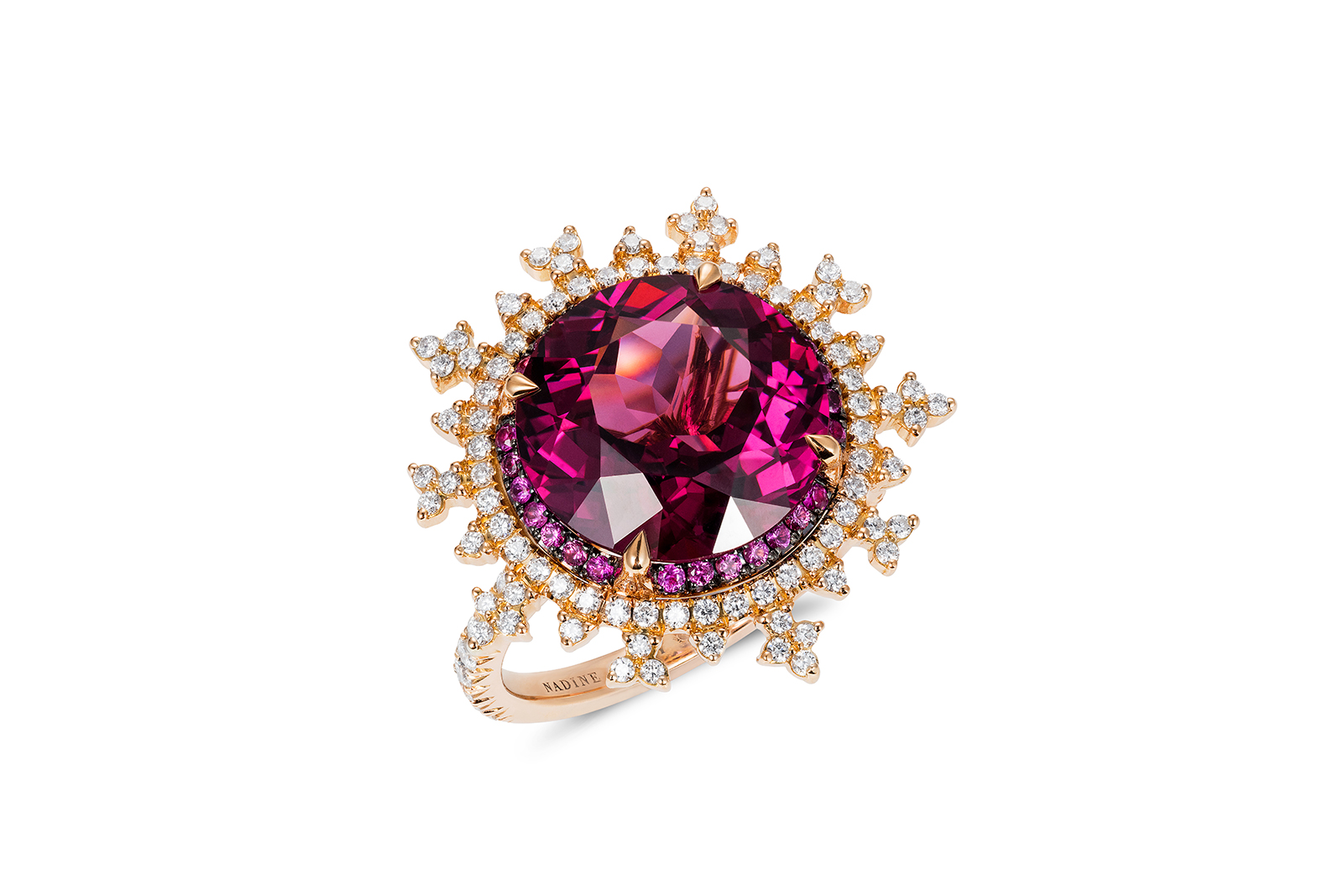 Nadine Aysoy 'Tsarina' ring with 7.00ct rhodolite, pink sapphires and diamonds in 18k rose gold