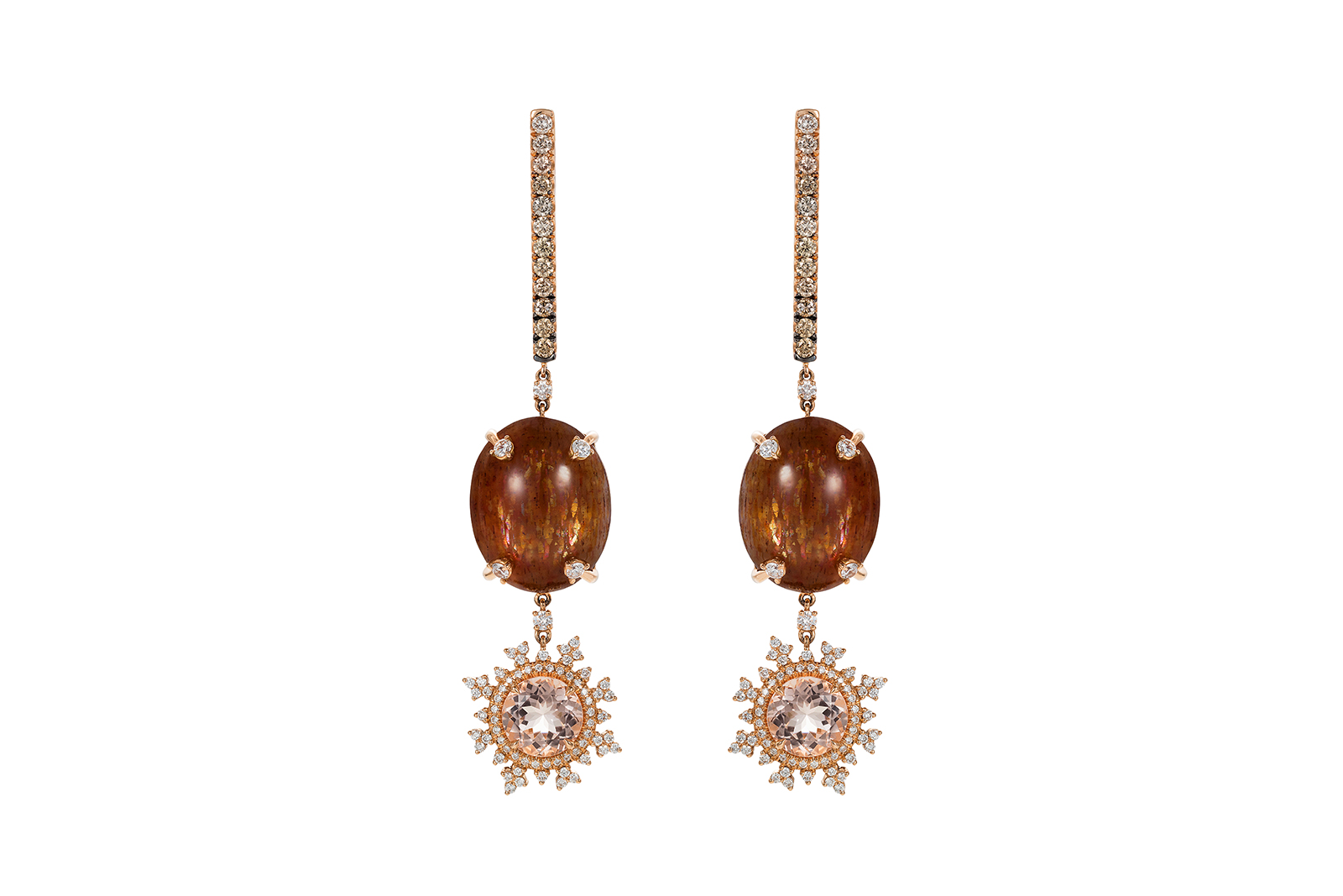  Nadine Aysoy 'Tsarina' earrings with sun stone, peach morganite and champagne diamonds in 18k rose gold