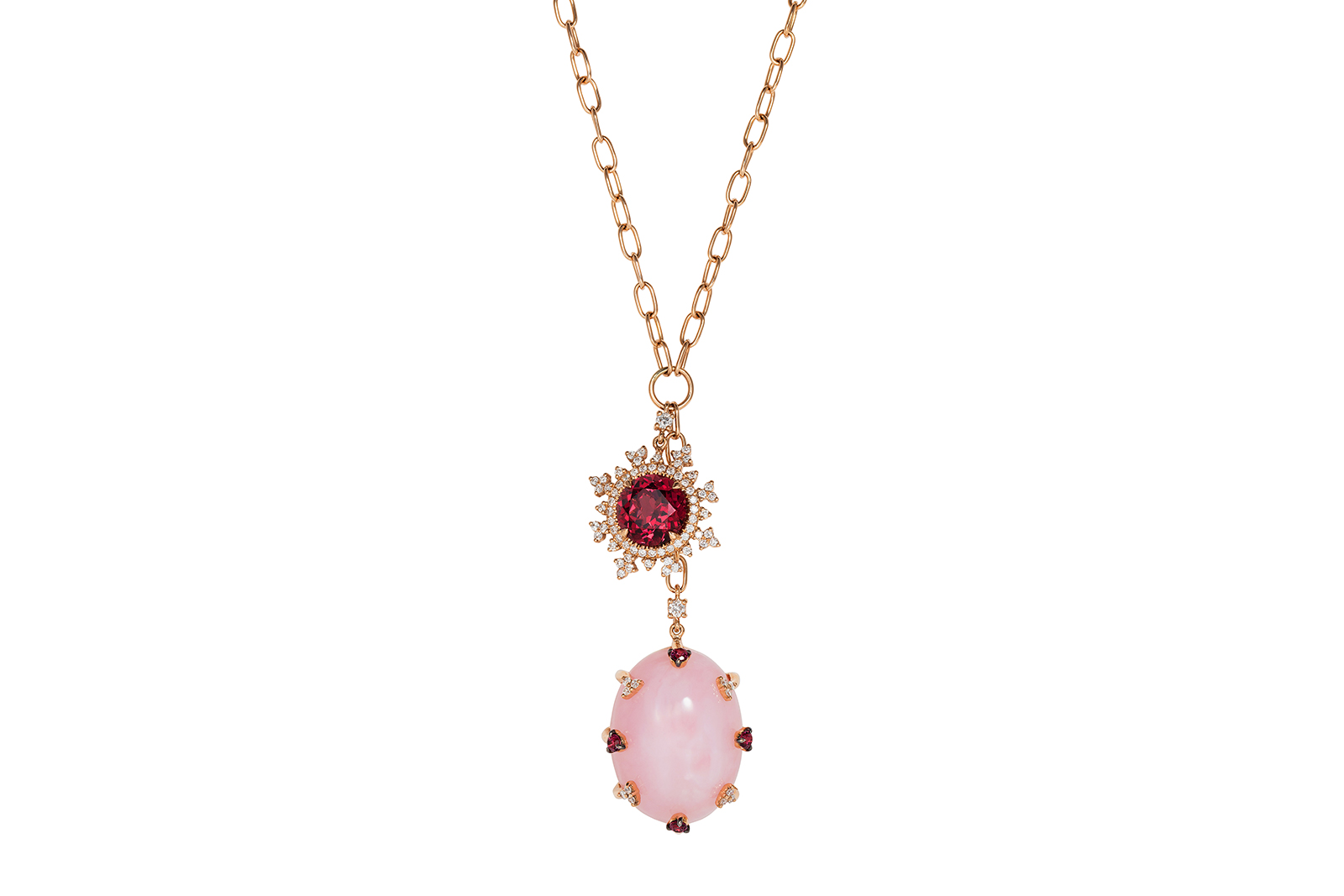  Nadine Aysoy 'Tsarina' necklace with pink chalcedony, rhodolite and diamonds in 18k rose gold 