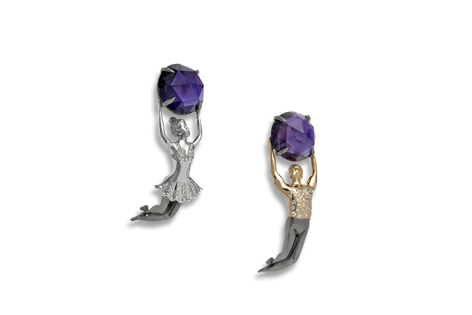  AENEA 'Maggie and Rudi' earrings with 9.72ct amethyst and diamonds in black rhodium, 18k yellow and white gold, and silver 