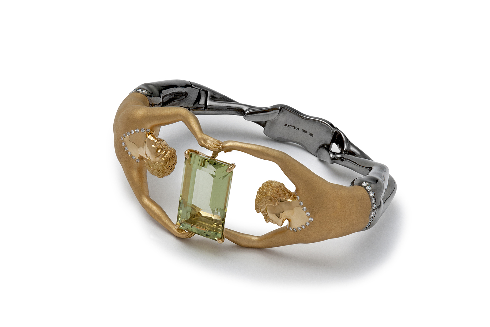 AENEA 'Maggie and Rudi' bangle with 22.72ct beryl in black rhodium, 18k yellow gold and silver 