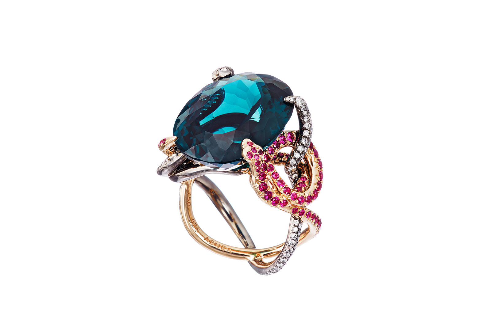  AENEA 'Sarpa' ring with 18.67ct tourmaline, ruby and diamonds in 18k rose gold, rhodium and silver