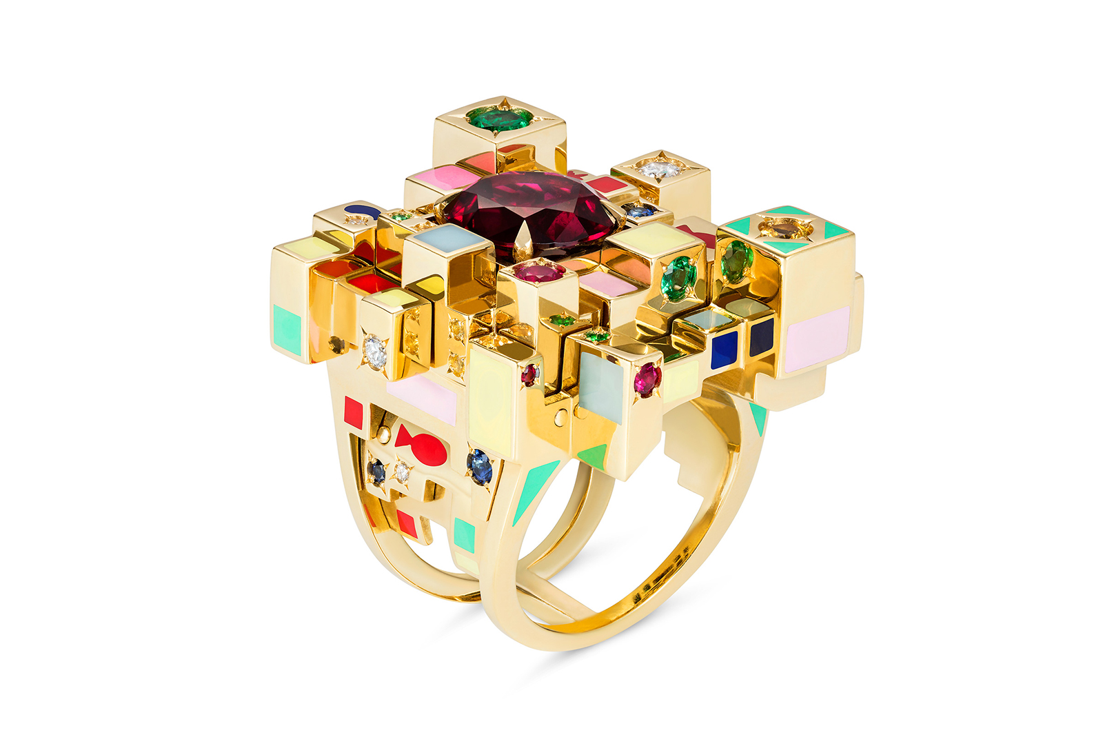  Aisha Baker 'Alcazar' ring in rubellite, ruby, emerald, diamond, sapphire, enamel and yellow gold