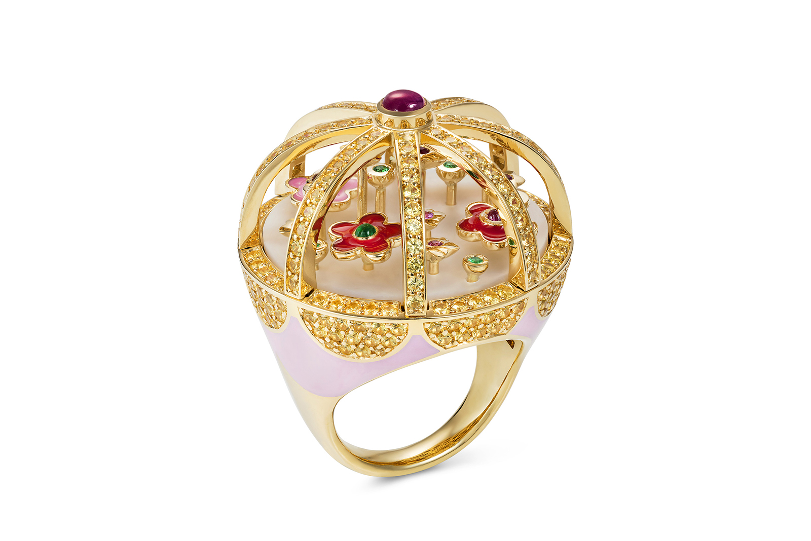  Aisha Baker 'Wild' ring in diamonds, ruby, sapphire, emerald, mother of pearl, enamel and yellow gold