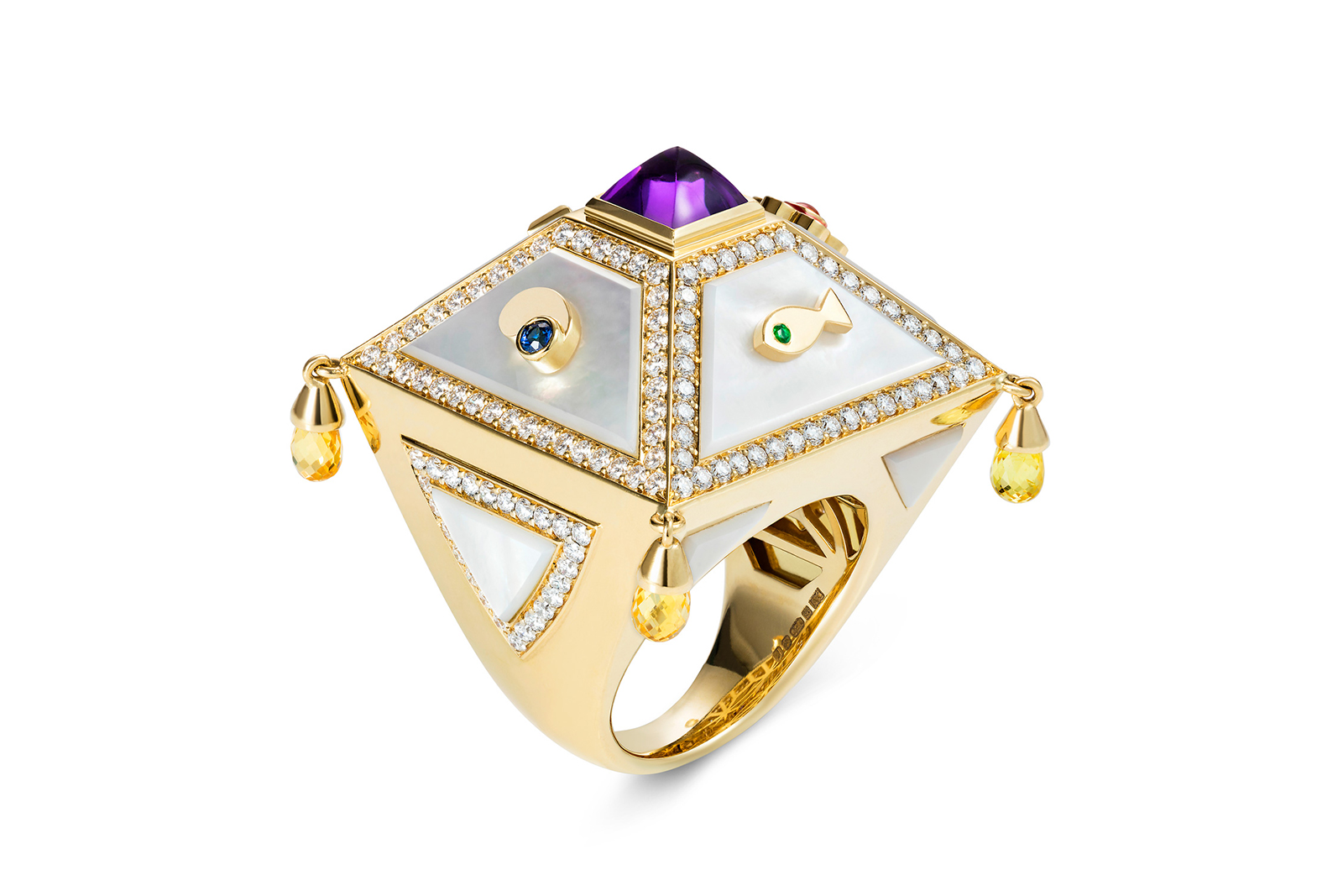  Aisha Baker 'Saga' ring in amethyst, sapphire, diamonds, citrine briolettes, rubies, emeralds, mother of pearl and yellow gold