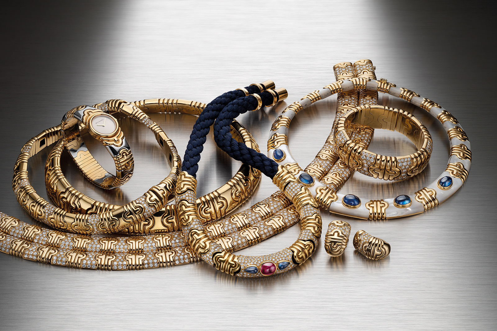 Bvlgari Heritage 'Parentesi' collection necklace, watches, bracelets and earrings in diamonds, gemstones and 18k yellow gold