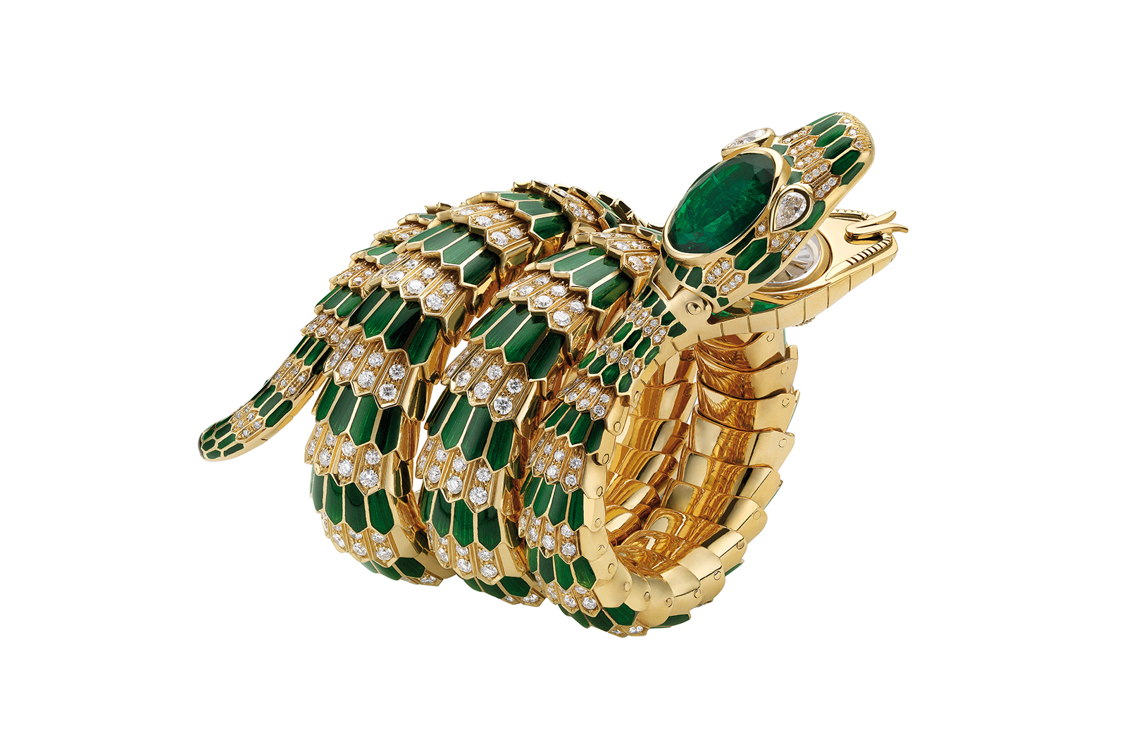  Bvlgari Heritage 'Serpenti' watch with diamonds and emerald and enamel in 18k yellow gold