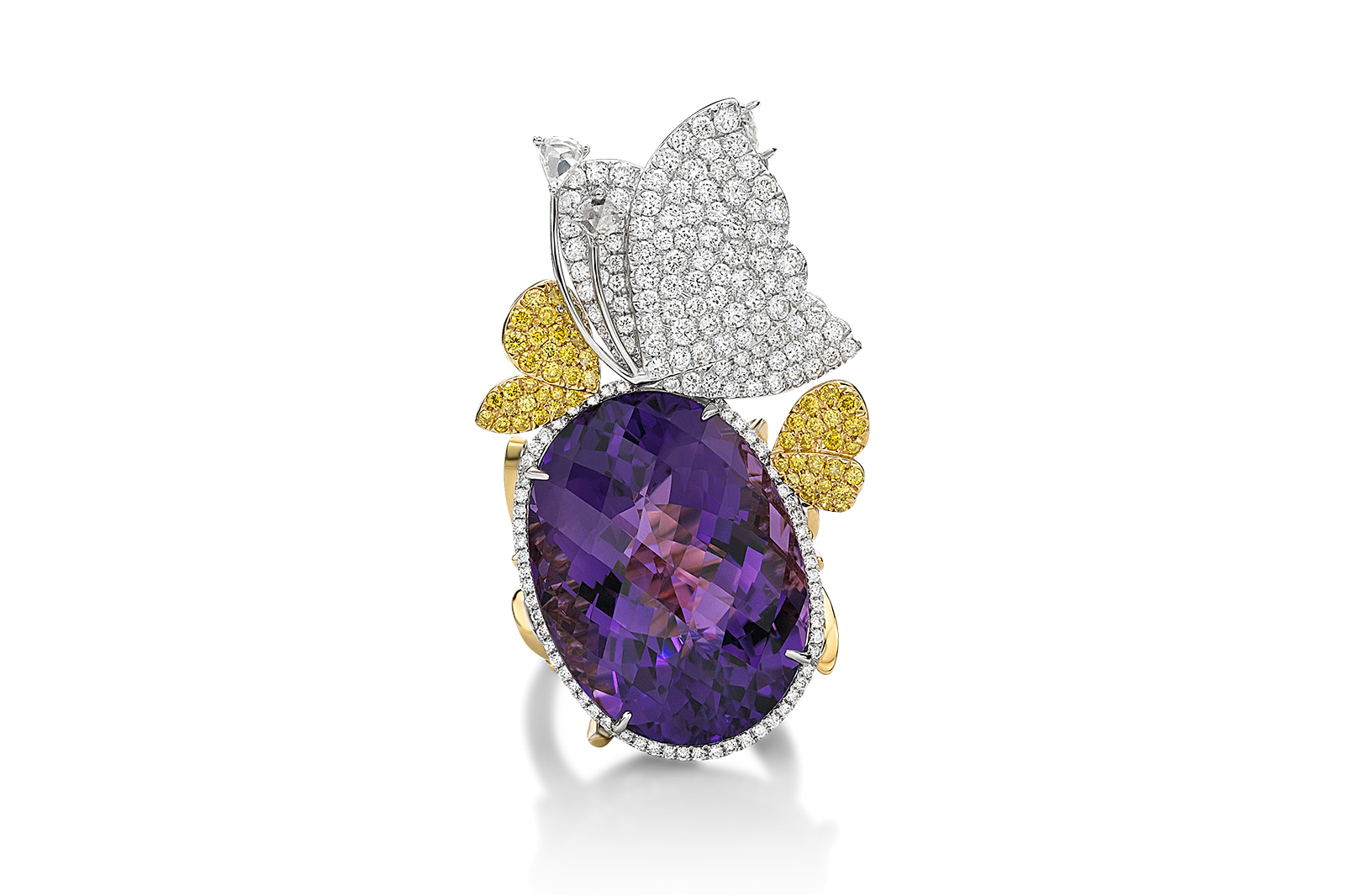  Jessica Fong ring with oval shaped 28.90ct amethyst, colourless and fancy yellow diamonds in 18k white and yellow gold