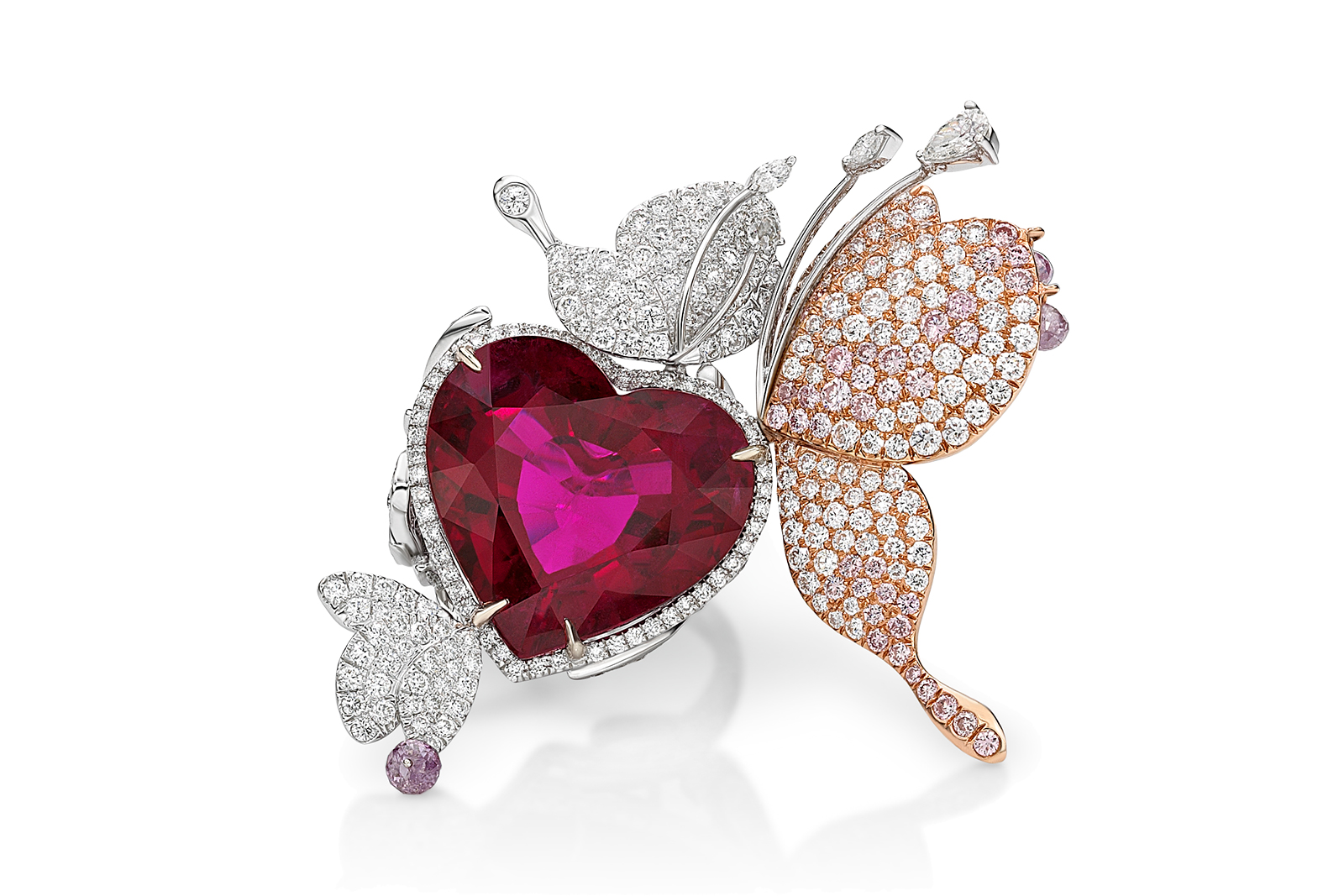  Jessica Fong ring with heart shaped fancy cut 25.09 ct rubellite, fancy pink and colourless diamonds in 18k white and rose gold