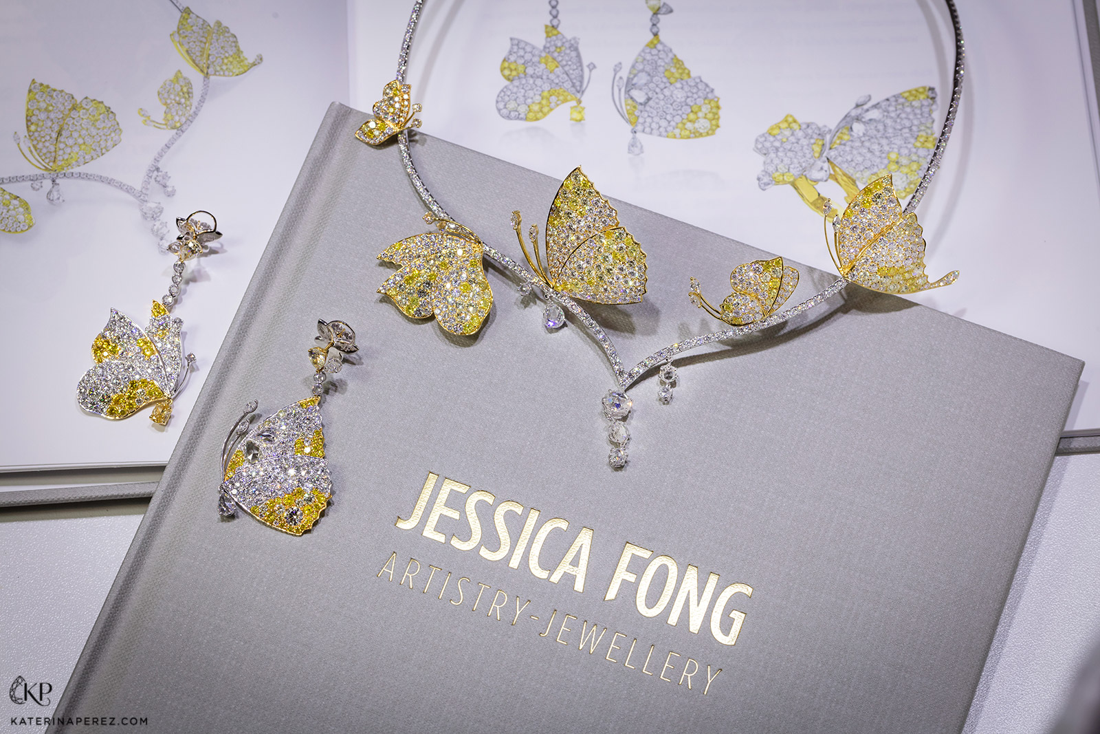 A selection of Jessica Fong 'La Floraison' jewellery with fancy yellow and colourless diamonds in 18k white and yellow gold