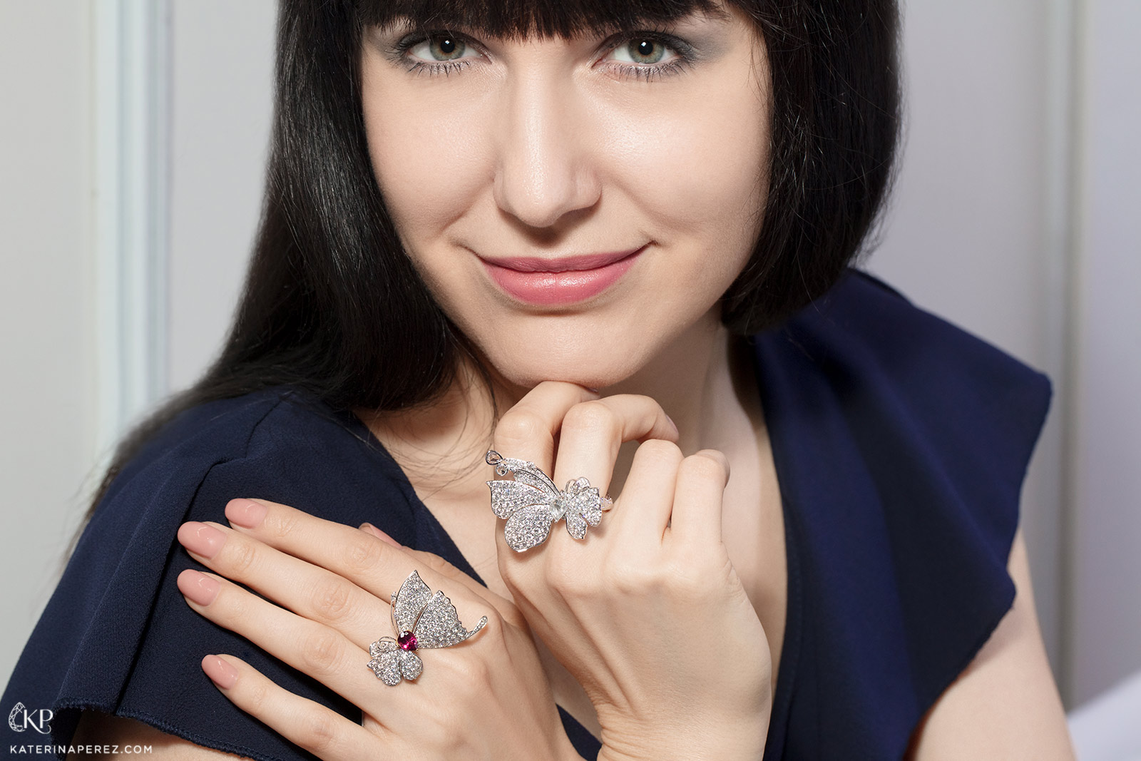 Katerina Perez in Jessica Fong butterfly rings with diamonds and rubellite in 18k white gold