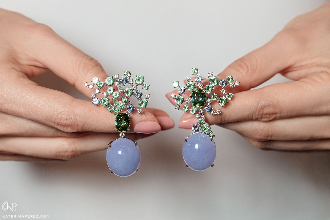  DAWN jewellery earrings with lavender jadeite, diamonds, tourmaline, grossular garnet and spinel in 18k white gold
