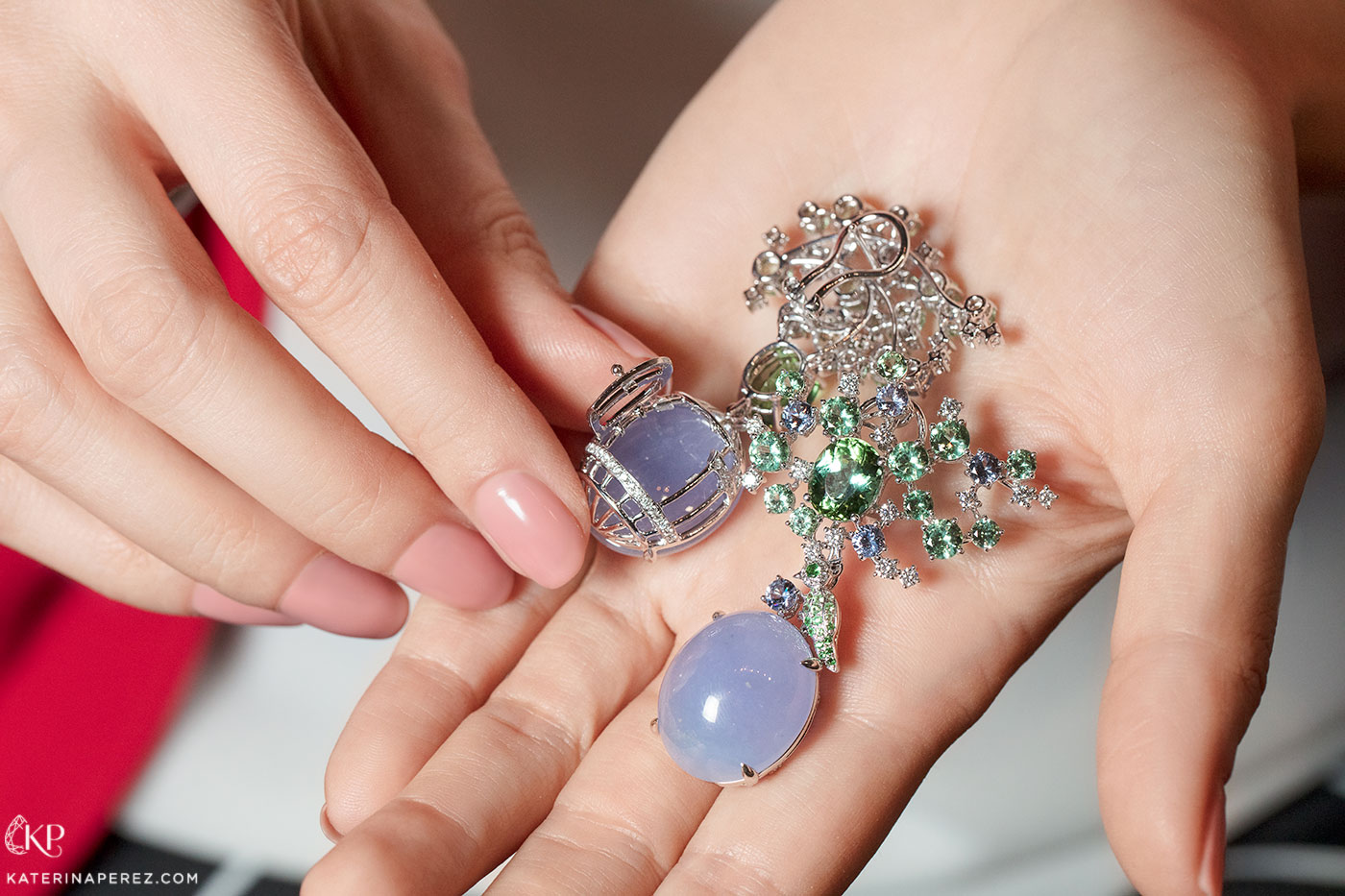  DAWN jewellery earrings with lavender jadeite, diamonds, tourmaline, grossular garnet and spinel in 18k white gold