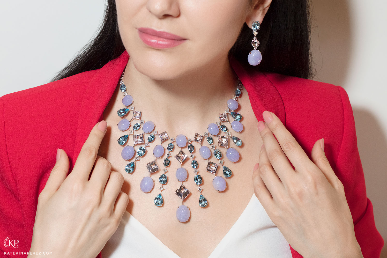 DAWN jewellery necklace with lavender jadeite, aquamarine and morganite in 18k white gold