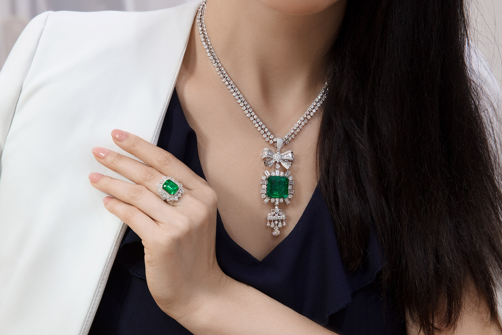  Sunita Nahata 'Regalia' collection ‘Star’ necklace, with 22.31ct Colombian Muzo emerald and 9.53ct diamonds, and ring with Colombian emerald and diamonds in 18k white gold