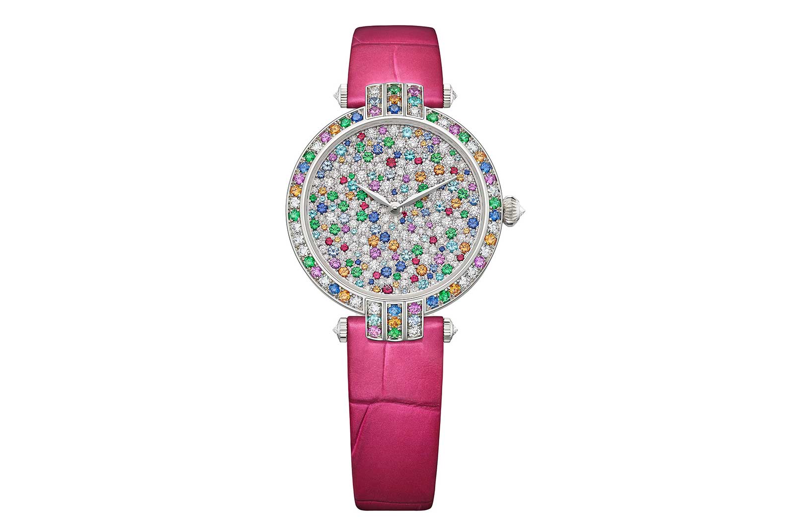 Harry Winston 'Premier Winston Candy' watch with 108 brilliant cut diamonds, blue sapphires, Paraiba tourmalines, tsavorites, orange spessartite garnets, red spinels, and pink sapphires in 18k white gold 