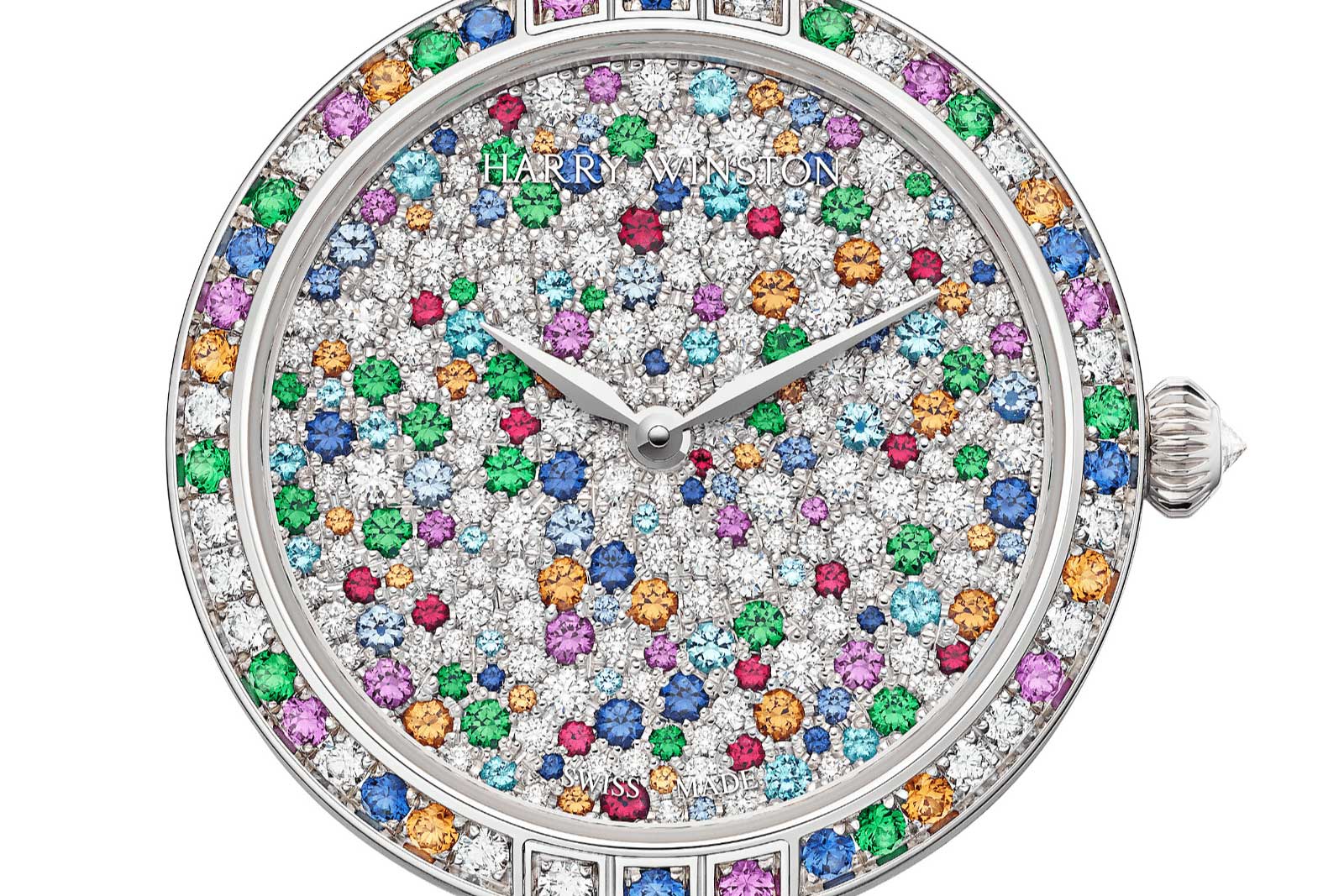  Harry Winston 'Premier Winston Candy' watch with 108 brilliant cut diamonds, blue sapphires, Paraiba tourmalines, tsavorites, orange spessartite garnets, red spinels, and pink sapphires in 18k white gold 