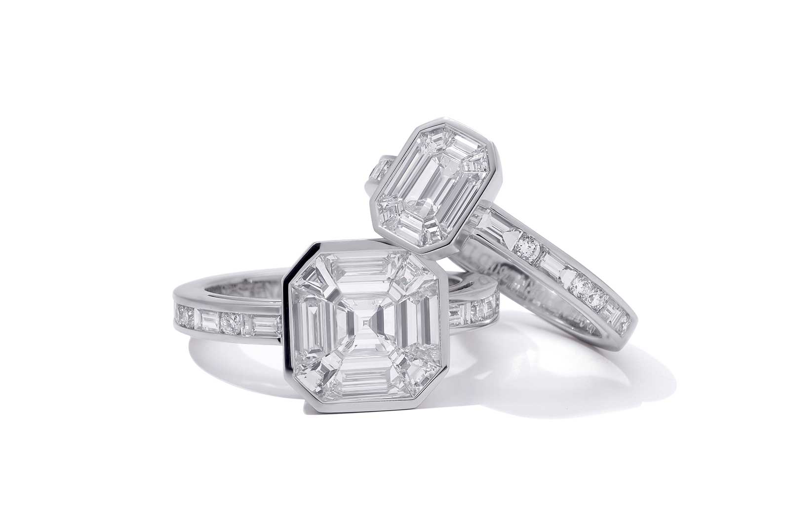  Stenzhorn rings from the 'Iced Zeit' collection with asscher, carré and step cut diamonds in 18k white gold