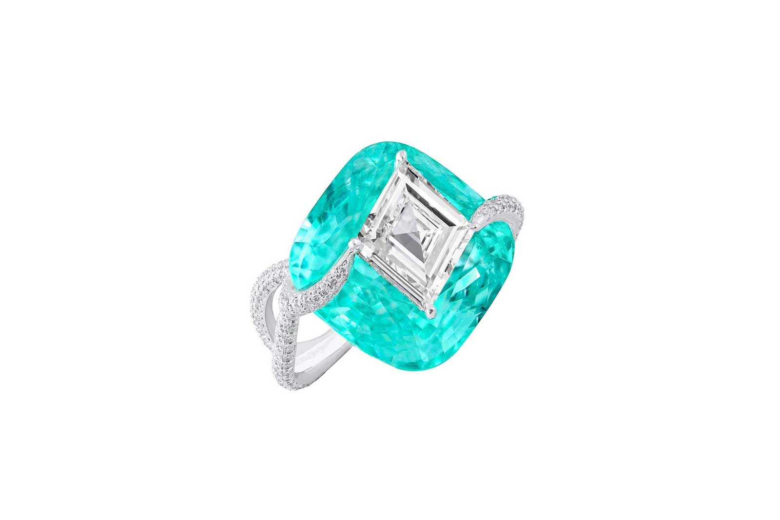  Boghossian 'Kissing Gems' ring with  kite cut diamond inlaid in Paraiba tourmaline, and accenting diamonds in 18k white gold