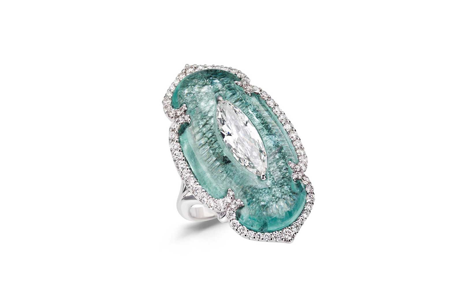  Boghossian 'Inlay' ring with marquise cut diamond inlaid in fantasy cut Paraiba tourmaline, and accenting diamonds in 18k white gold
