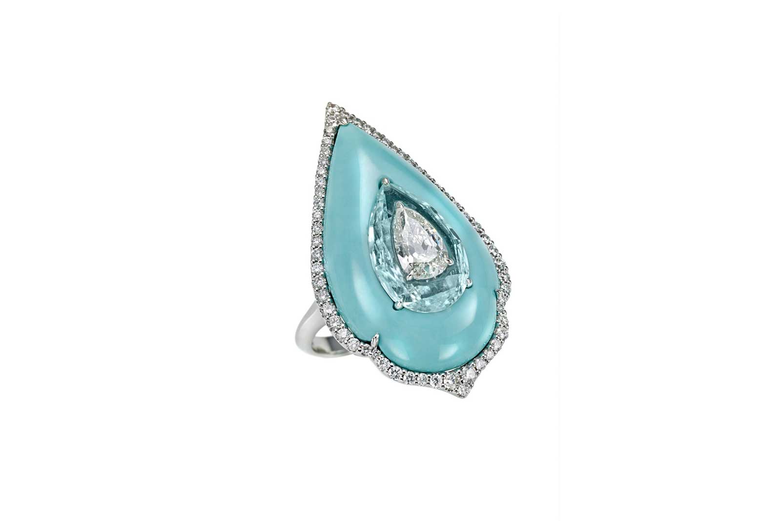  Boghossian 'Inlay' ring with pear cut diamond inlaid in Paraiba tourmaline, further inlaid in turquoise and accented with diamonds in 18k white gold