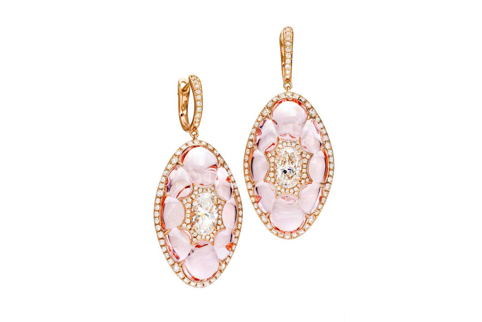  Boghossian 'Inlay' earrings with inlaid oval cut diamonds in carved morganite, accented by diamonds in 18k rose gold