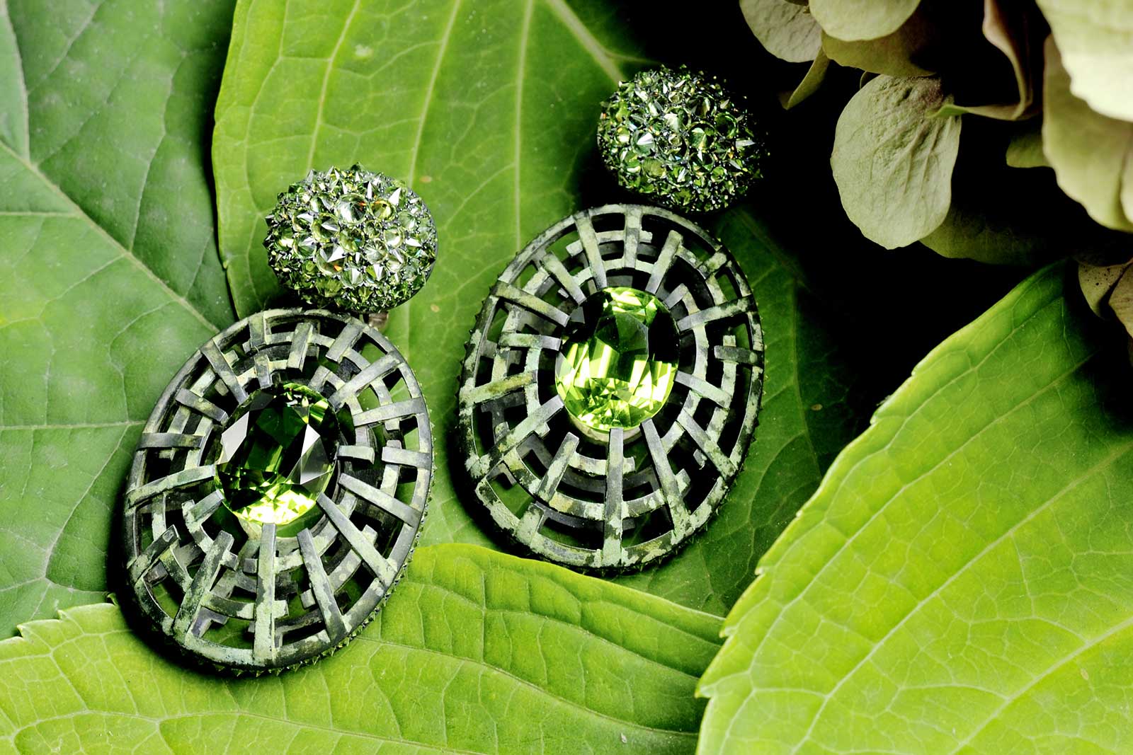  Hemmerle earrings with demantoid garnets and peridots in white gold and silver - courtesy of Hemmerle