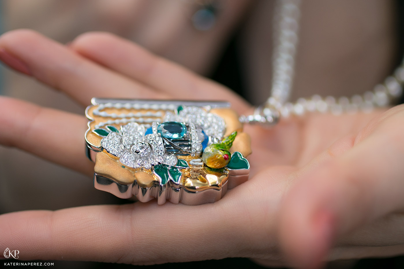  Simone Jewels 'Birds in Poetry’ series 'The Nightingale – Chapter 2’ pendant necklace with certified 1.04ct Paraiba tourmaline, carved chalcedony 28.75ct, 172 diamonds totalling 1.268ct, 2 Akoya pearl chains and enamel in 18k white and yellow gold