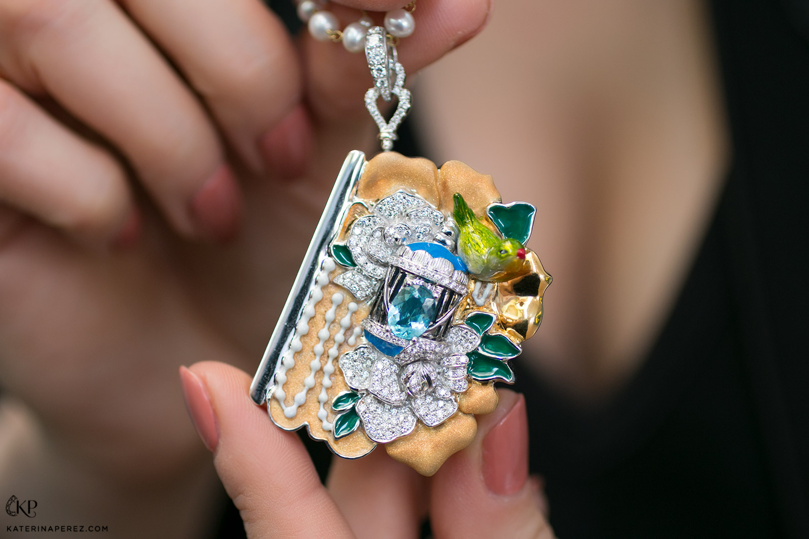  Simone Jewels 'Birds in Poetry’ series 'The Nightingale – Chapter 2’ pendant necklace with certified 1.04ct Paraiba tourmaline, carved chalcedony 28.75ct, 172 diamonds totalling 1.268ct, 2 Akoya pearl chains and enamel in 18k white and yellow gold