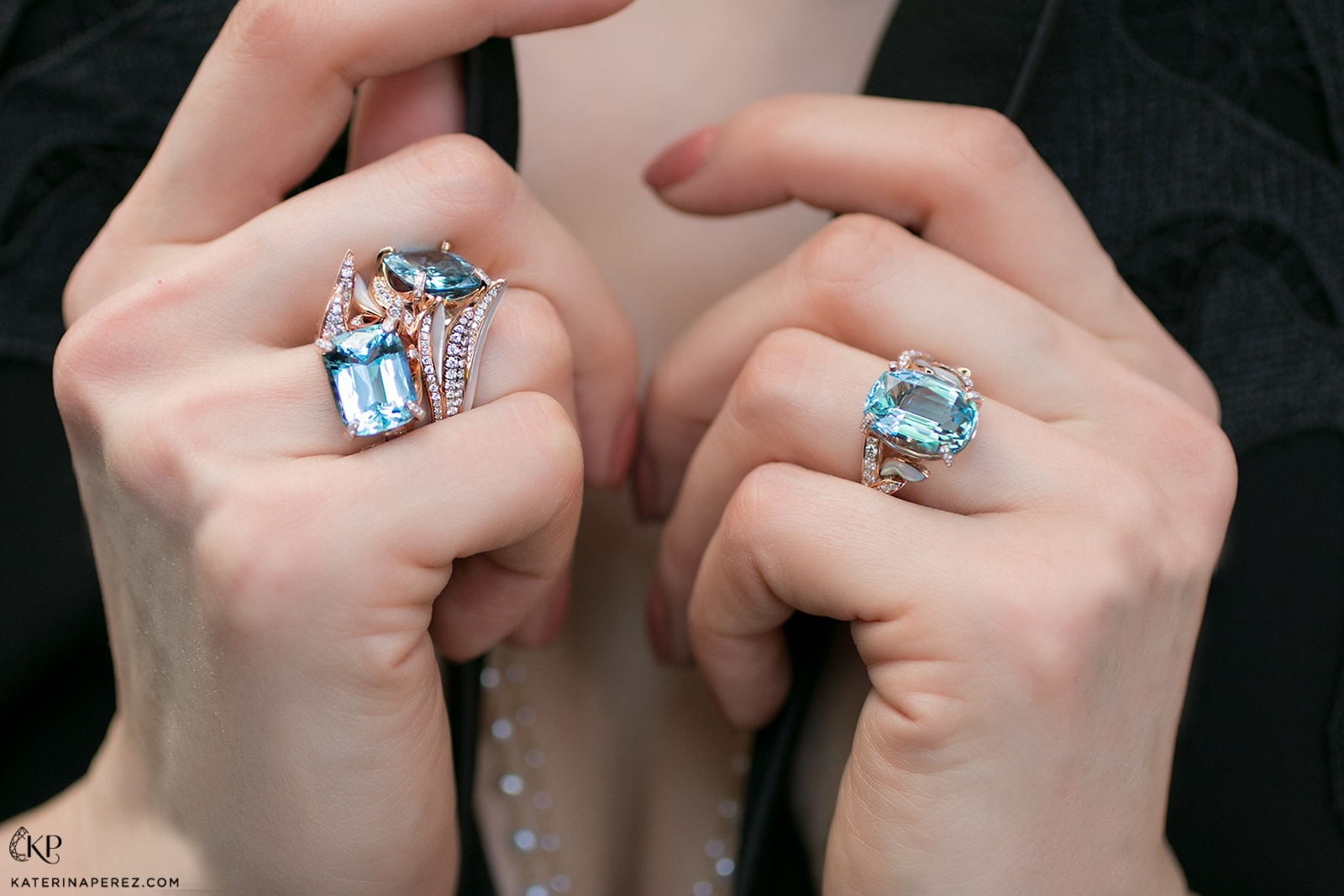 Simone Jewels rings with Santa Maria aquamarines, diamonds and mother of pearl in 18k rose gold