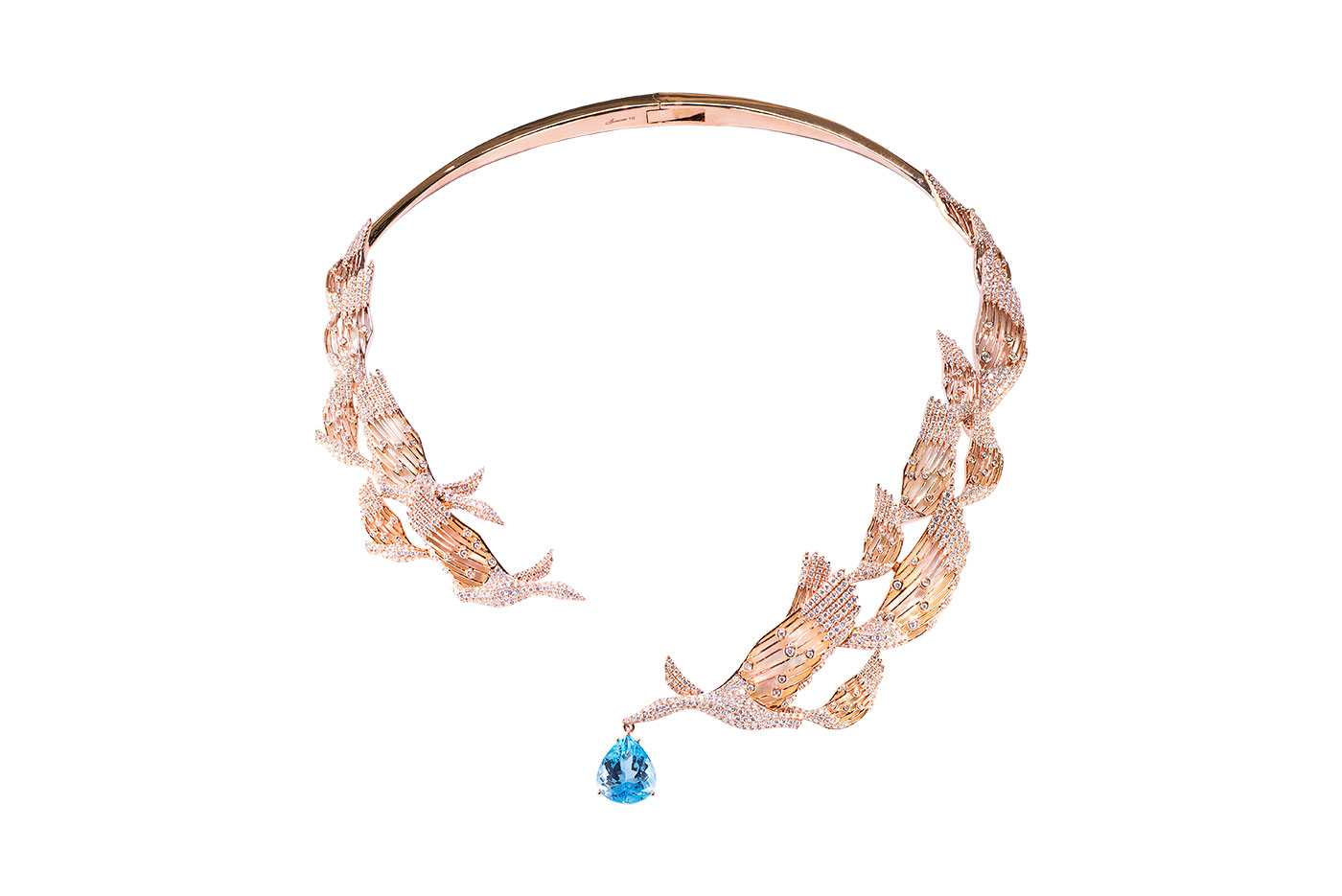  Simone Jewels ‘Paradiso’ necklace with a 7.60ct pear cut Santa Maria aquamarine, diamonds and mother of pearl in 18k rose gold