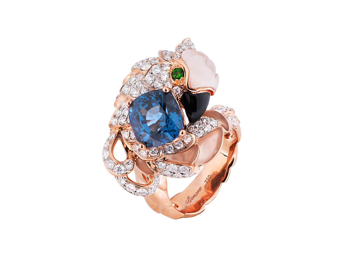  Simone Jewels parrot ring with Bumese blue spinel, diamonds, mother of pearl and chrome tourmaline in 18k rose gold