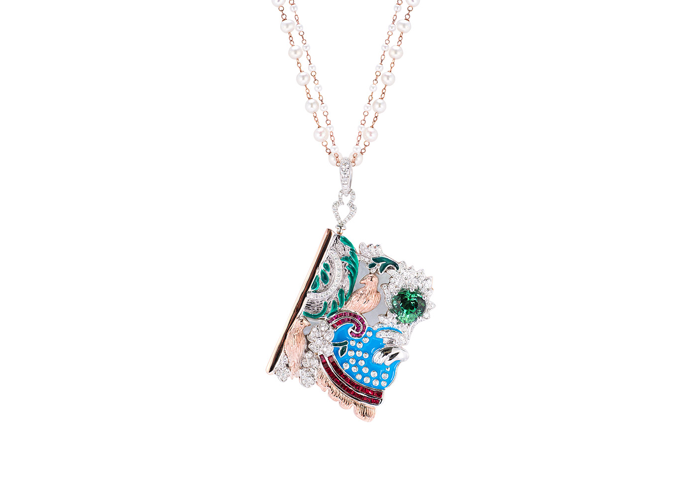  Simone Jewels 'Birds in Poetry’ series 'The Skylark – Chapter 3’ with 3.44ct mint tourmaline, 22 unheated red spinels totalling 1.50ct, rubies,  diamonds, mother of pearl, Akoya pearl chain, 29.70ct jade carving and enamel with 18k white and rose gold
