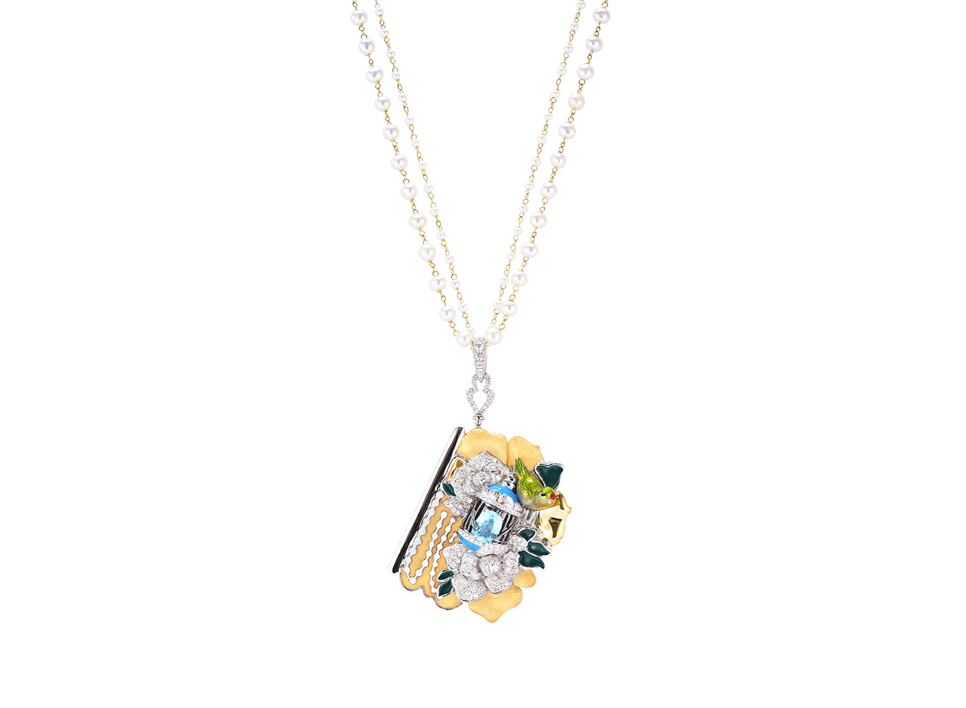 Simone Jewels 'Birds in Poetry’ series 'The Nightingale – Chapter 2’ pendant necklace with certified 1.04ct Paraiba tourmaline, carved chalcedony 28.75ct, 172 diamonds totalling 1.268ct, 2 Akoya pearl chains and enamel in 18k white and yellow gold