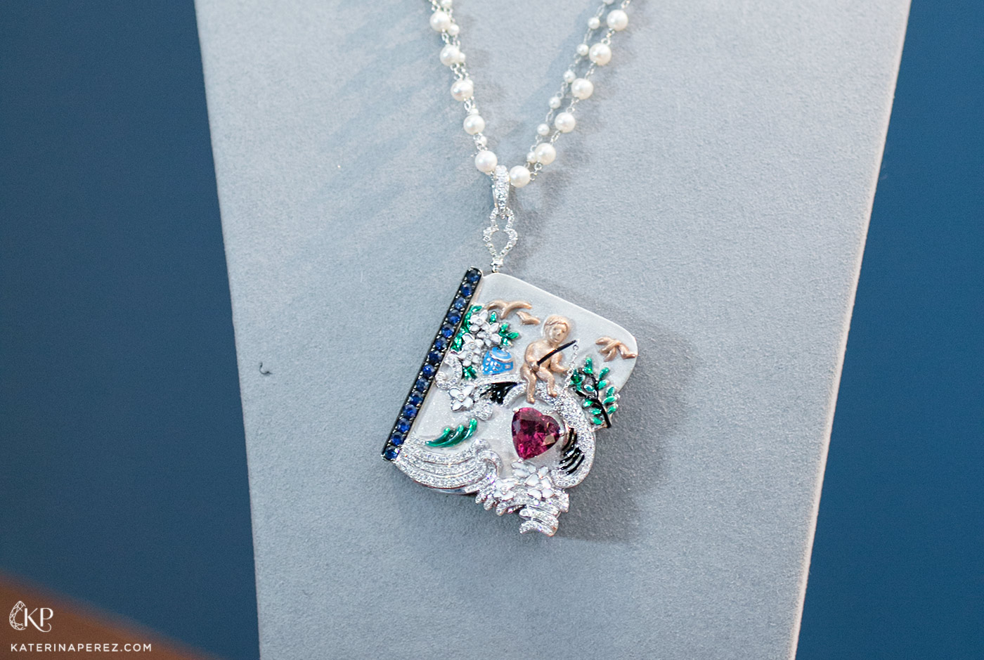  Simone Jewels 'Birds in Poetry’ series 'The Shakespeare – Chapter 1’ pendant necklace with 3.57ct heart shaped rubellite, 14 unheated blue sapphires totalling 1.32 ct, diamonds, 2 Akoya pearl chains, 28.75 ct white quartz carving and enamel in 18k white and rose gold