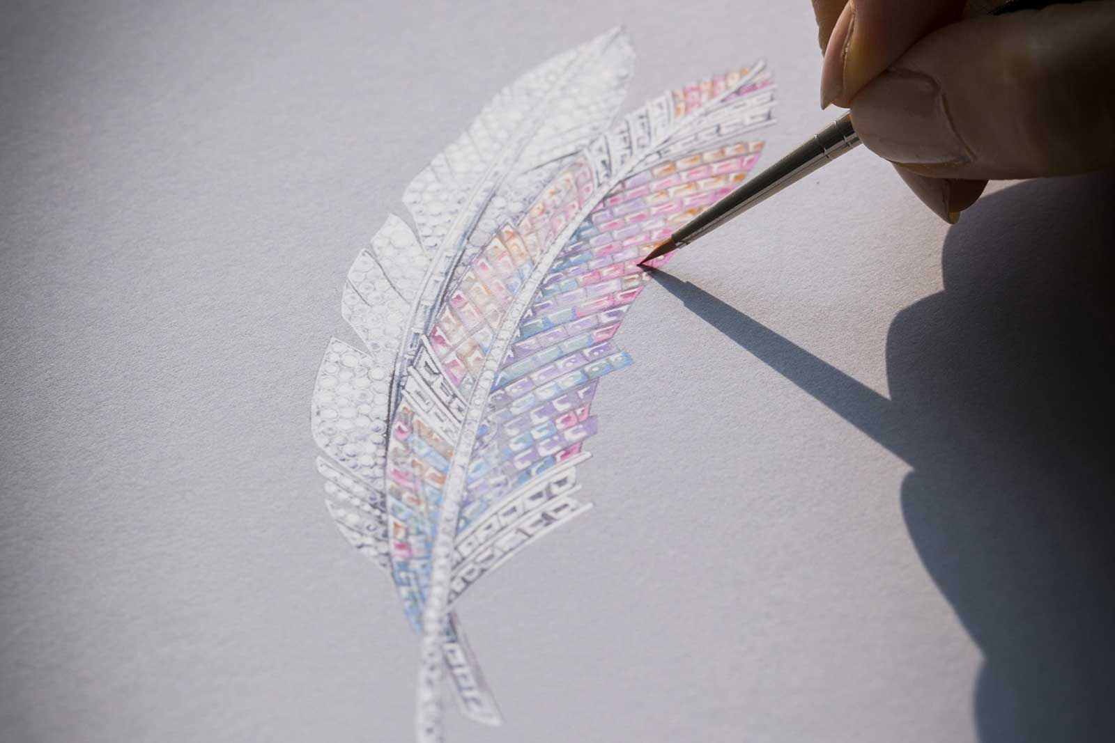  Van Cleef & Arpels ‘Panache Mystérieux’ clip from ‘The Three Feathers’ line of the 'Quatre Contes de Grimm' collection with Vitrail Mystery Set™ coloured sapphires and diamonds  in 18k white gold